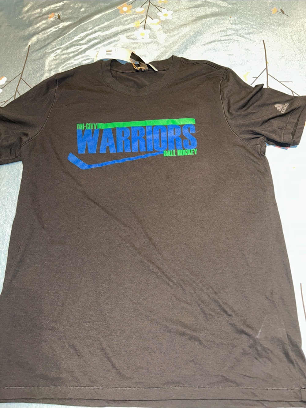adidas Black Short Sleeve "Warriors" Graphic Tee with Blue & Green Print